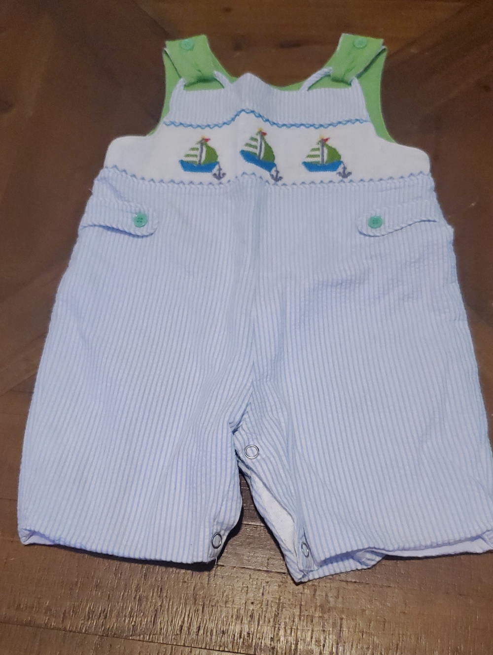 Light Blue Striped Sailboat Baby Romper with Green Trim